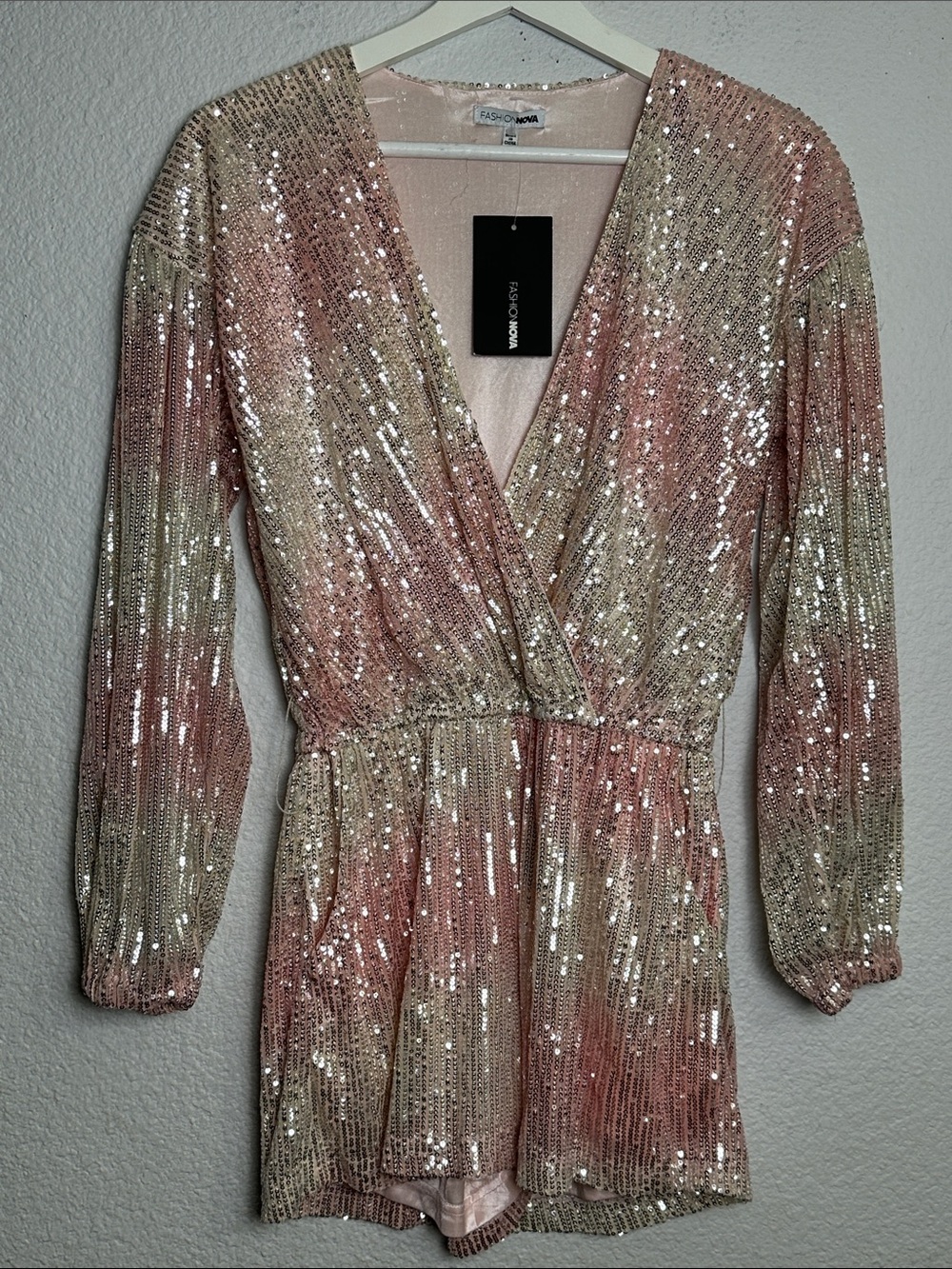 NEW Fashion Nova Pink Sequin Romper Long Sleeve V Neck Womens Small